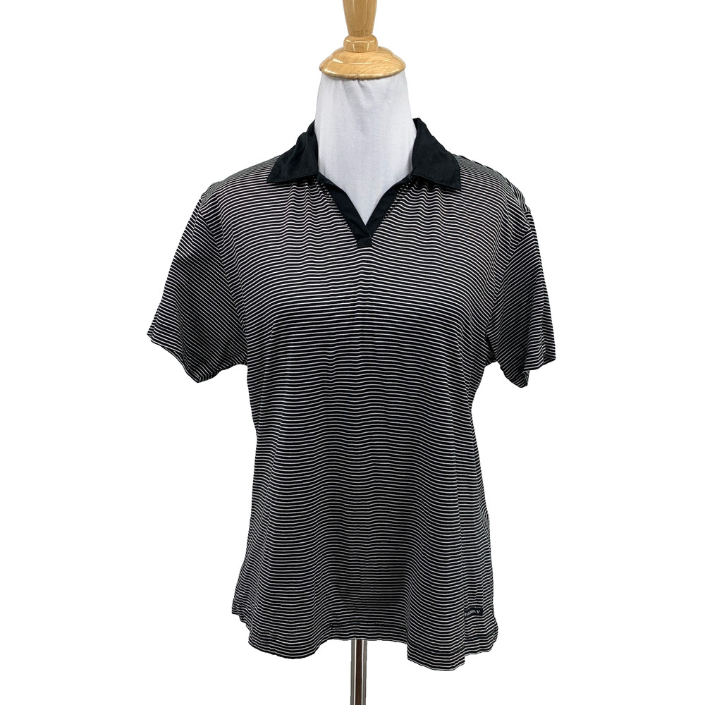 Burberry Polo Shirt Womens M Medium Black White Golf Cotton Striped Short Sleeve